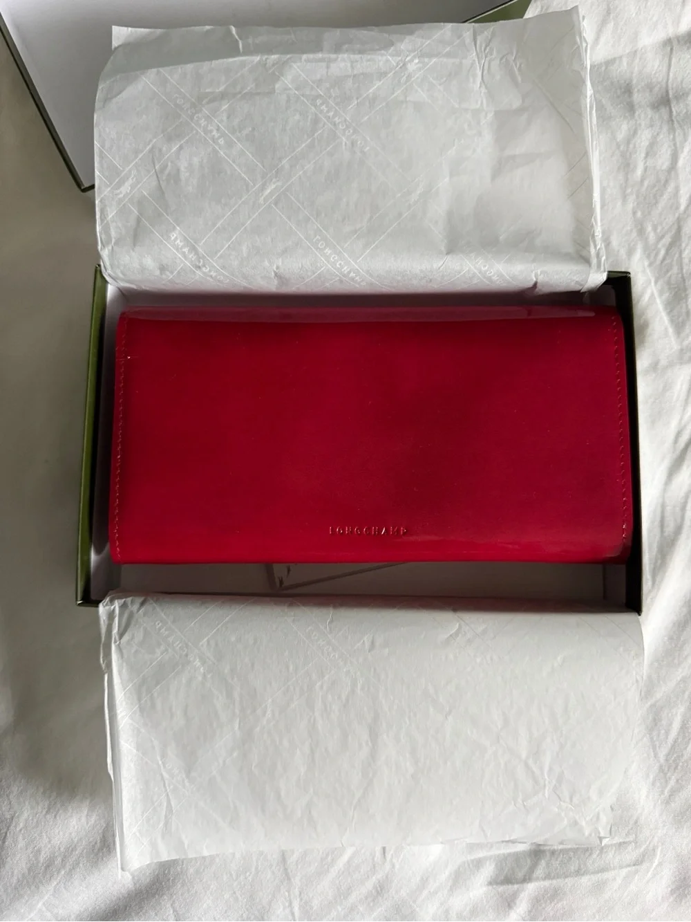 Longchamp Le Roseau Red Patent Leather Continental Flap Wallet Silver Hardware
